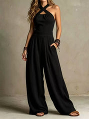 Cecilia Kelcombe | Charcoal Cross Halter Wide-Leg Jumpsuit For Women