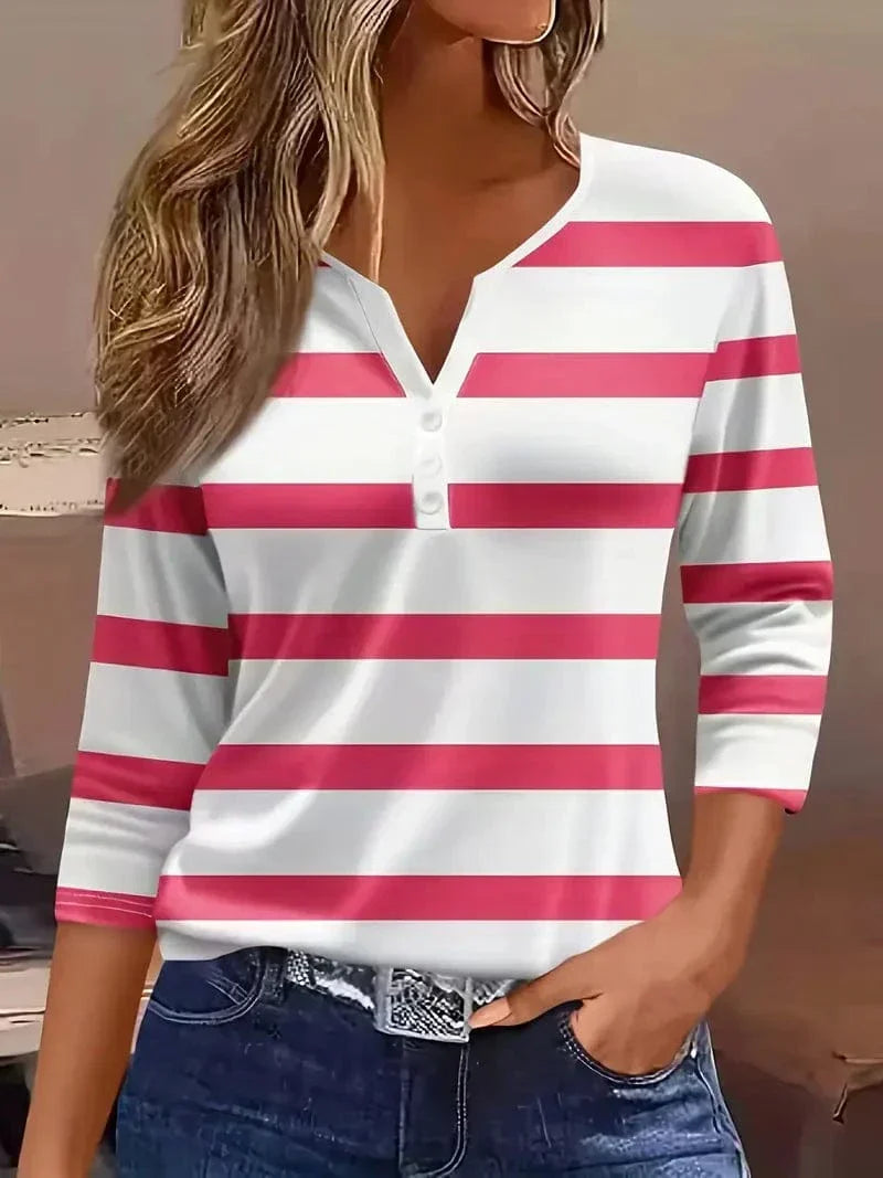 Ruby Sanders | Striped V-Neck Top With ¾ Sleeves For Women