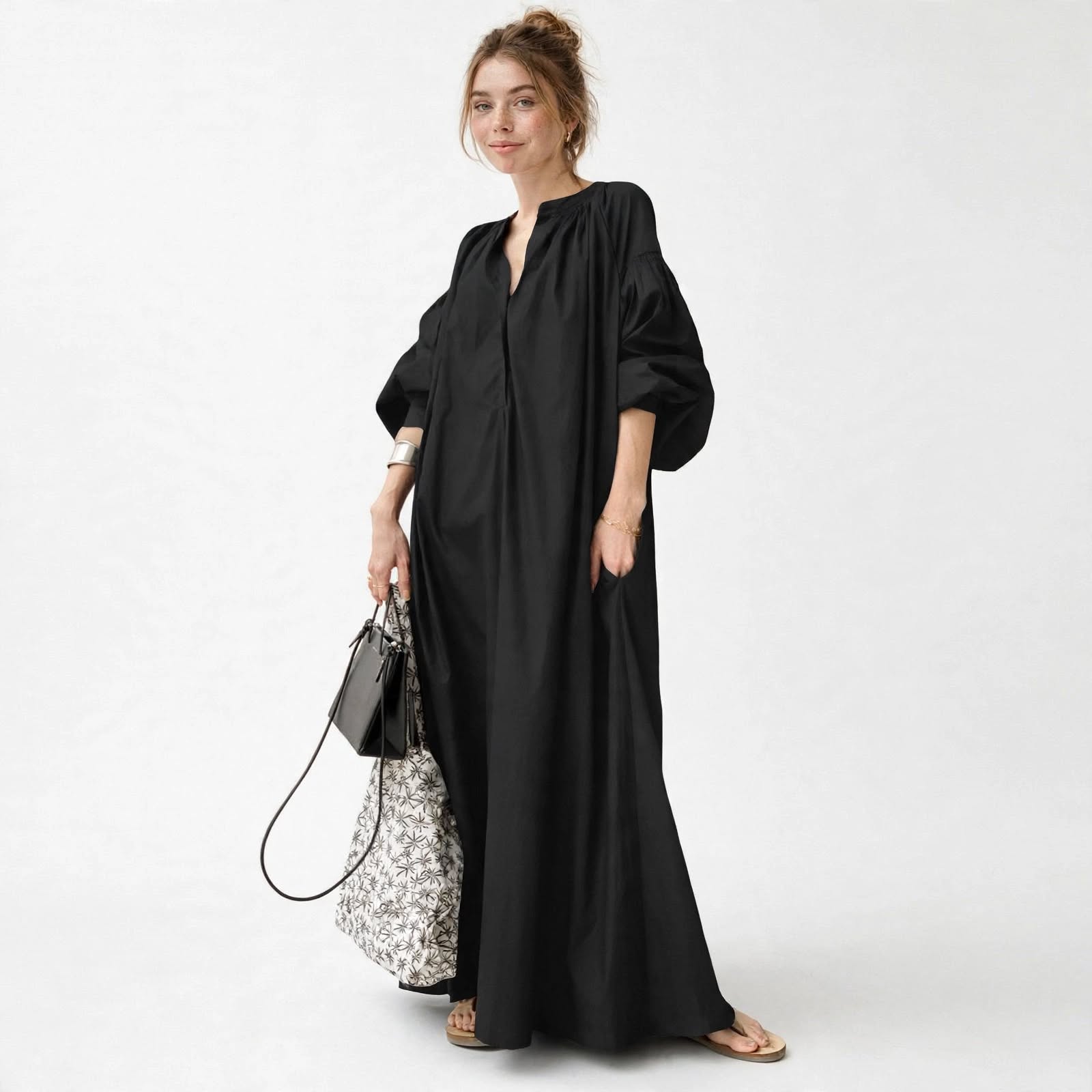 Caterina Brambury | Linen-Look Balloon Sleeve Kaftan Dress For Women