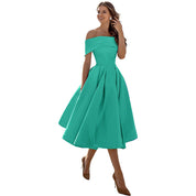 Phoebe Walker | Off-Shoulder Tea Length Satin Dress For Women