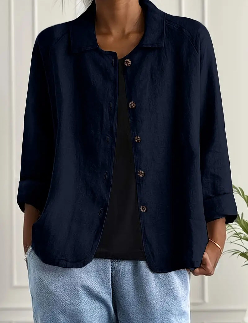 Amélie Rousseau | Sky Breeze Button Linen Jacket with Relaxed Elegance For Women