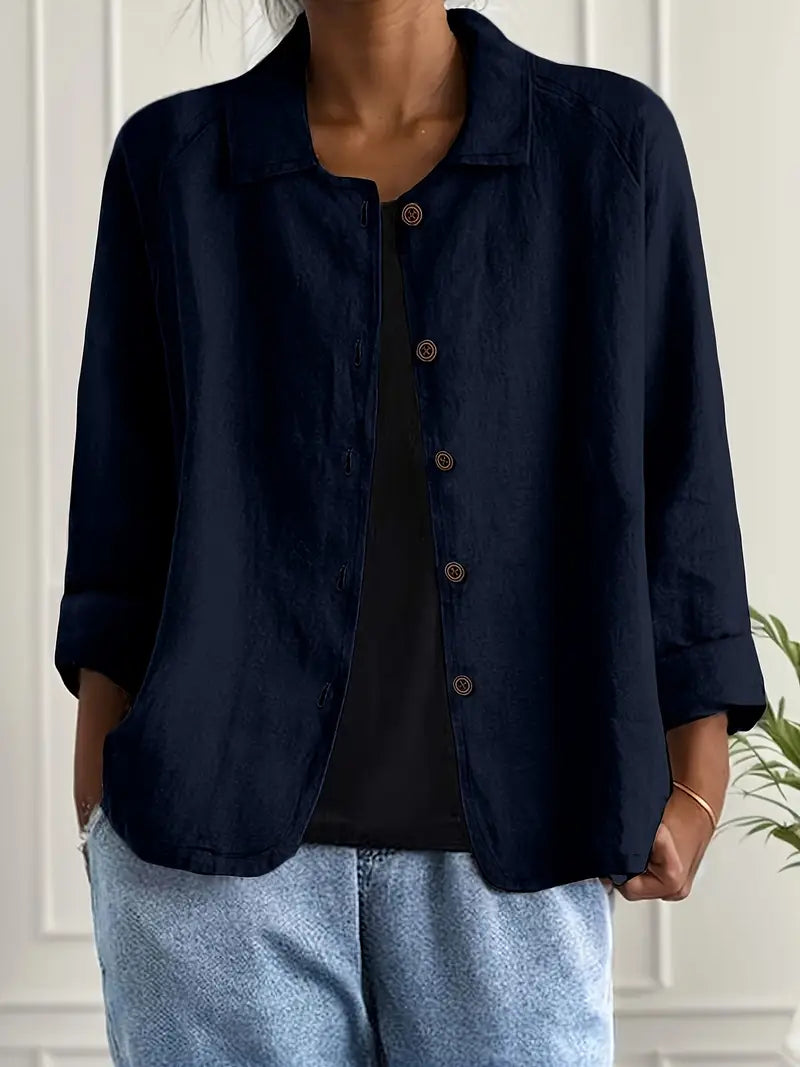 Amélie Rousseau | Sky Breeze Button Linen Jacket with Relaxed Elegance For Women