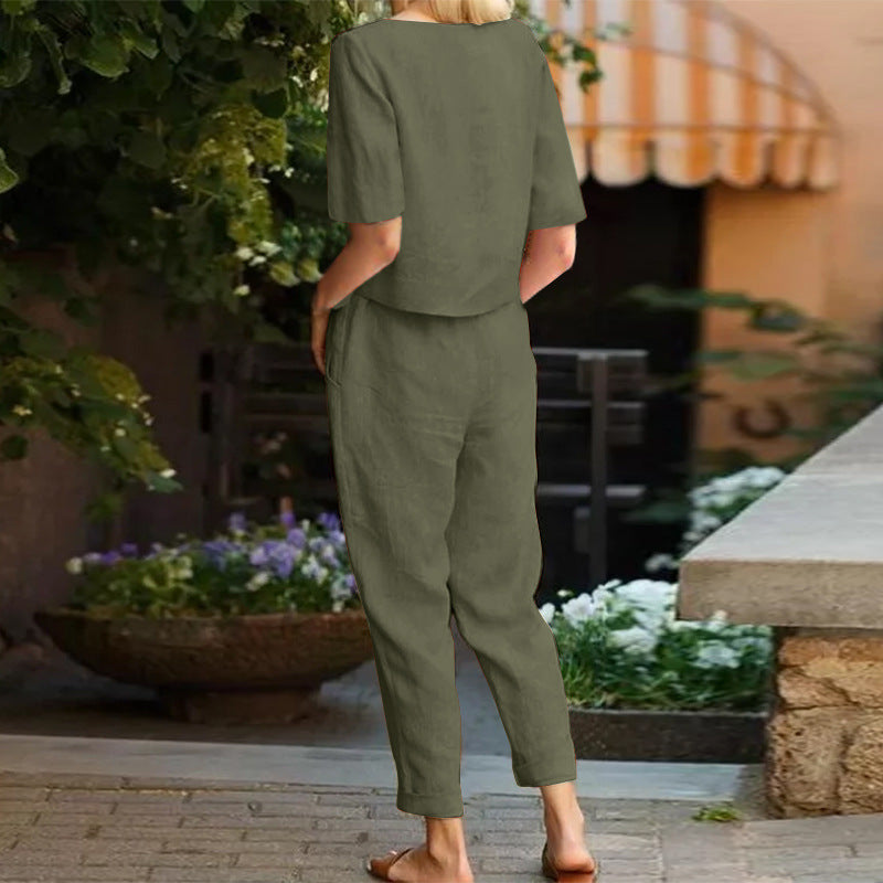 Dora Dalton | Linen-Look Top & Tie-Waist Trousers Set For Women