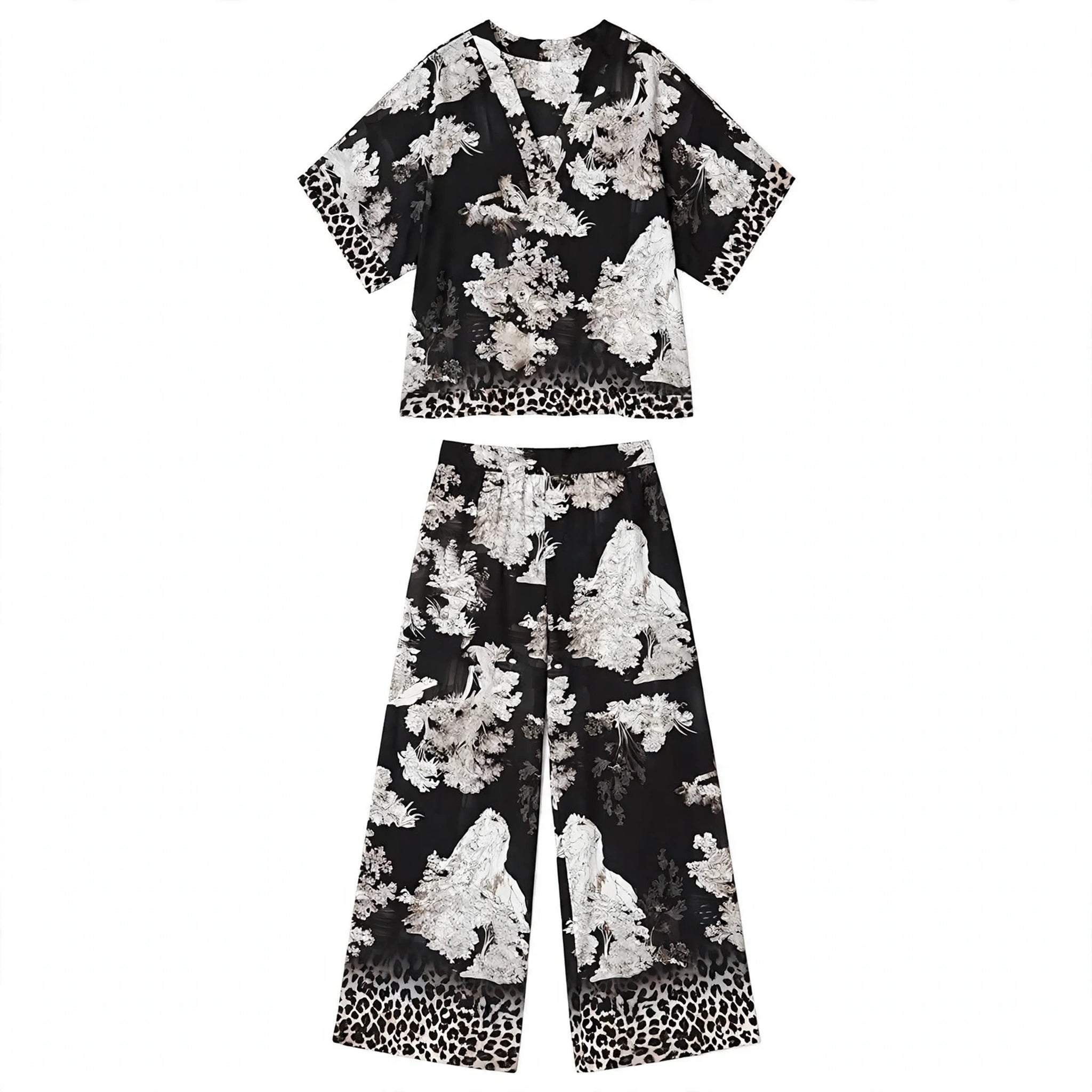 Rosalie Nash | Printed V-Neck Top & Long Pants Set For Women