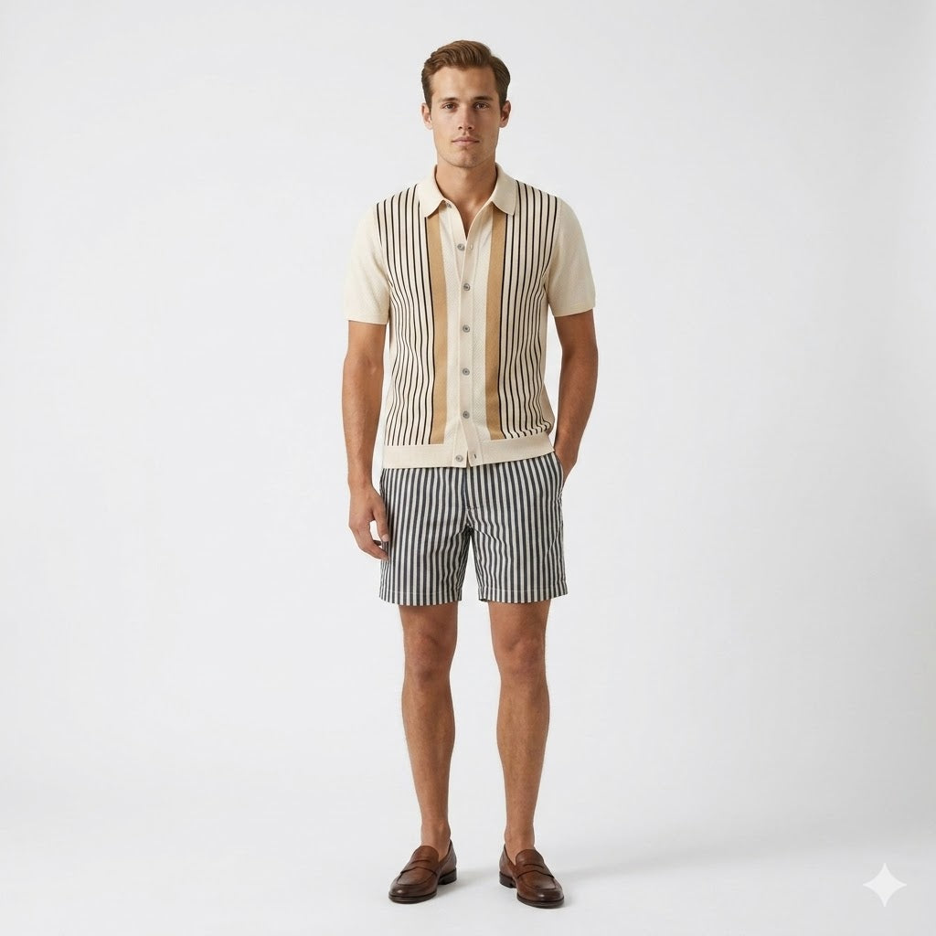 Enzo Moretti | Riviera Stripe Knit Polo with Statement Panels For Men