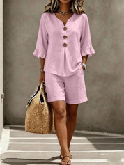 Freya Thornton | Linen Two-Piece Shorts Set with Ruffle Sleeve Detail For Women