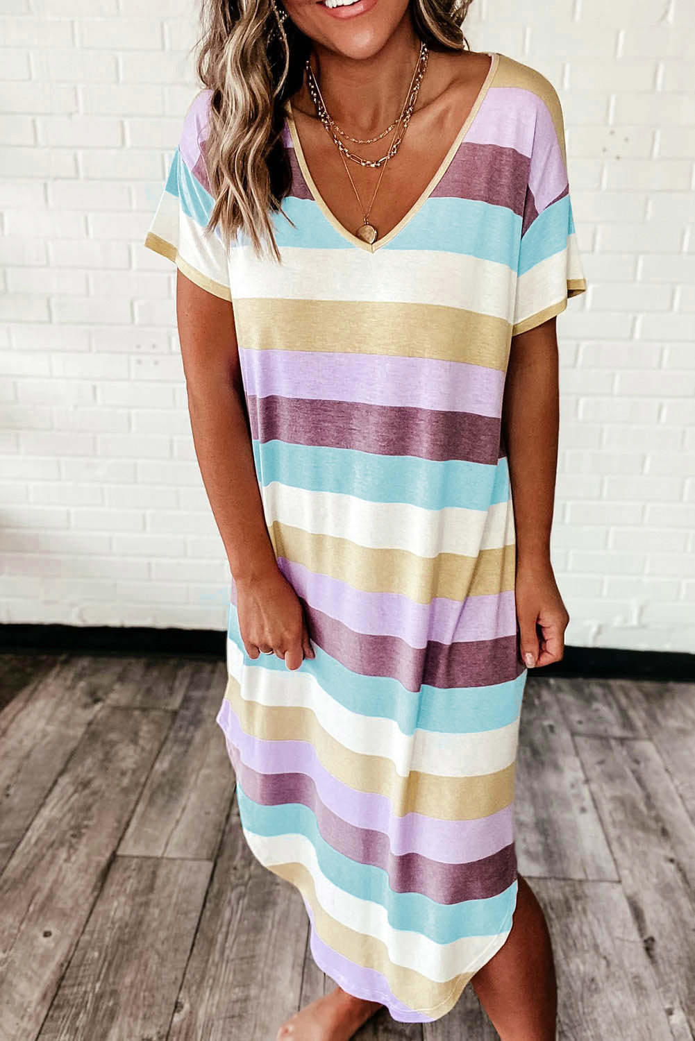 Raffaella Goldstone | Pastel Striped V-Neck T-Shirt Dress For Women