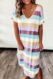Raffaella Goldstone | Pastel Striped V-Neck T-Shirt Dress For Women