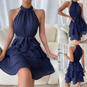 Enid Faldale | Rust Halter Tiered Ruffle Mini Dress For Women