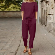 Dora Dalton | Linen-Look Top & Tie-Waist Trousers Set For Women
