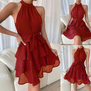 Enid Faldale | Rust Halter Tiered Ruffle Mini Dress For Women