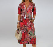 Tea Ostbridge | Mosaic Print V-Neck Pocket Midi Dress For Women