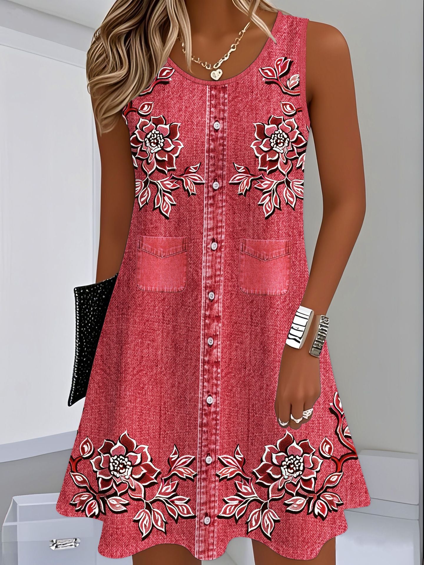 Scarlett Barnes | Denim Floral Print Midi Dress For Women