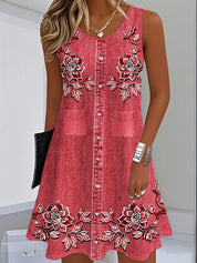 Scarlett Barnes | Denim Floral Print Midi Dress For Women