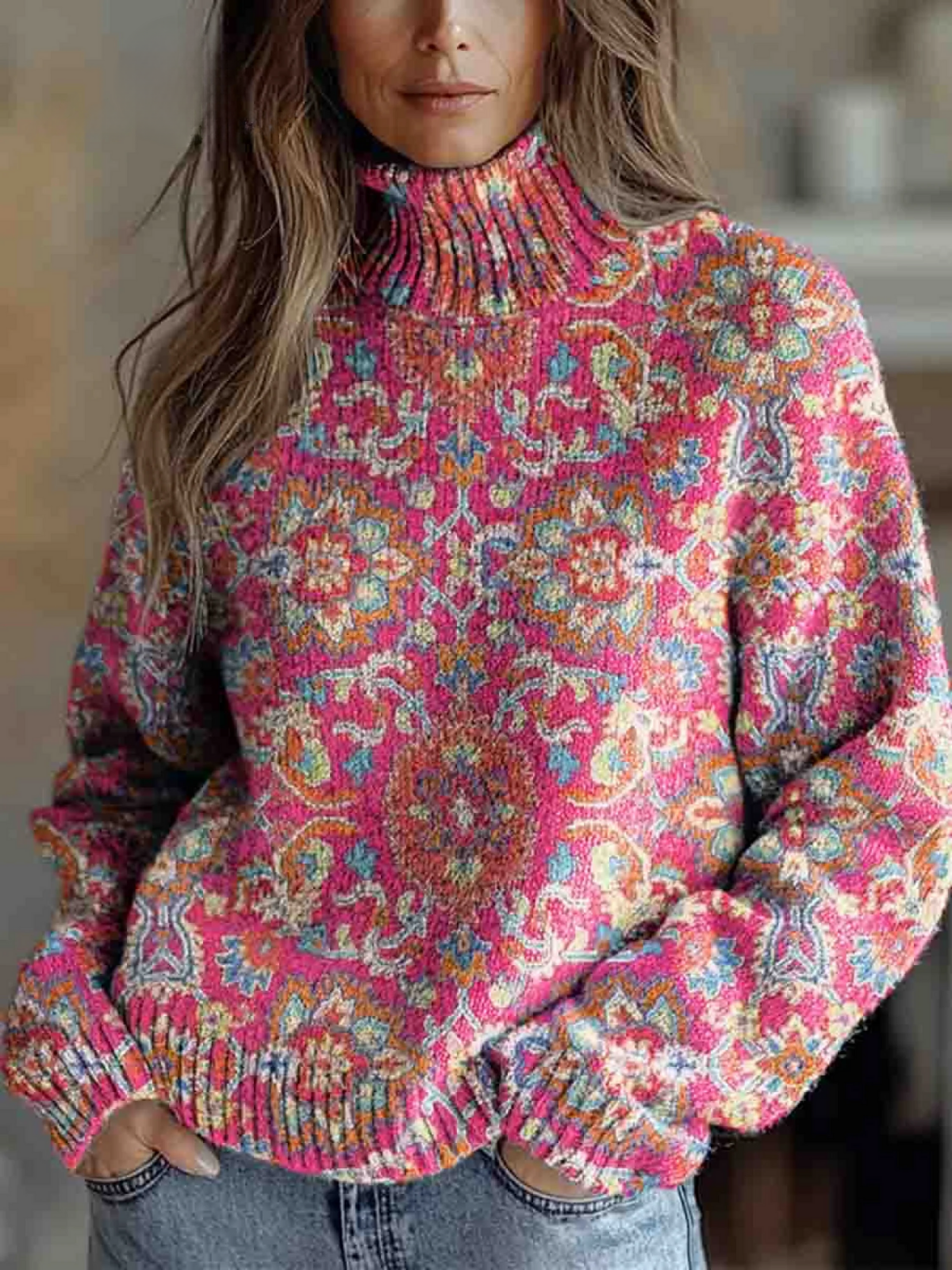 Sophie Bellini | Floral Turtleneck Knit Sweater For Women