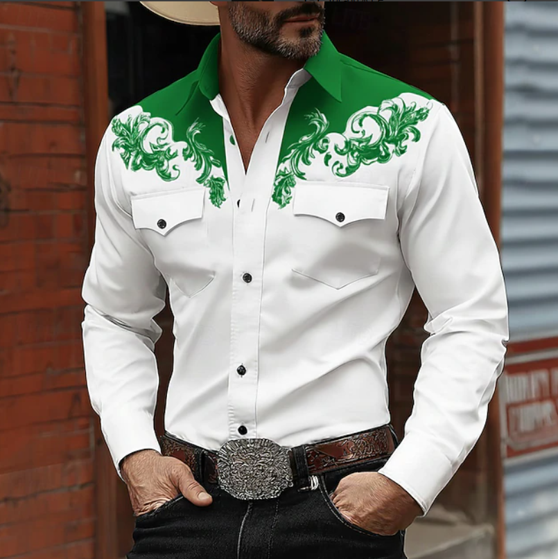 Fletcher Sowden | Green Yoke Embroidered Western Shirt For Men