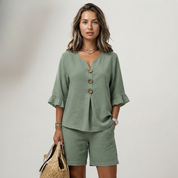 Freya Thornton | Linen Two-Piece Shorts Set with Ruffle Sleeve Detail For Women