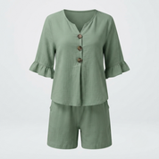 Freya Thornton | Linen Two-Piece Shorts Set with Ruffle Sleeve Detail For Women