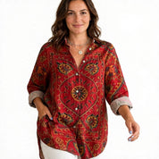 Brunella Swinford | Red Retro Print Button-Up Shirt For Women