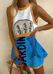 Georgie Pendale | Blue Sardine Print Sleeveless Mini Dress For Women