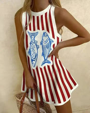 Georgie Pendale | Blue Sardine Print Sleeveless Mini Dress For Women
