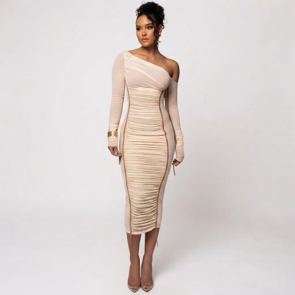 Grace Pemberton | One Shoulder Ruched Midi Evening Dress For Women