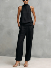 Greta Windford | Black Halter Mock Neck Top and Pants Set For Women