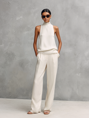 Greta Windford | Black Halter Mock Neck Top and Pants Set For Women