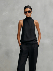 Greta Windford | Black Halter Mock Neck Top and Pants Set For Women