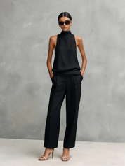 Greta Windford | Black Halter Mock Neck Top and Pants Set For Women