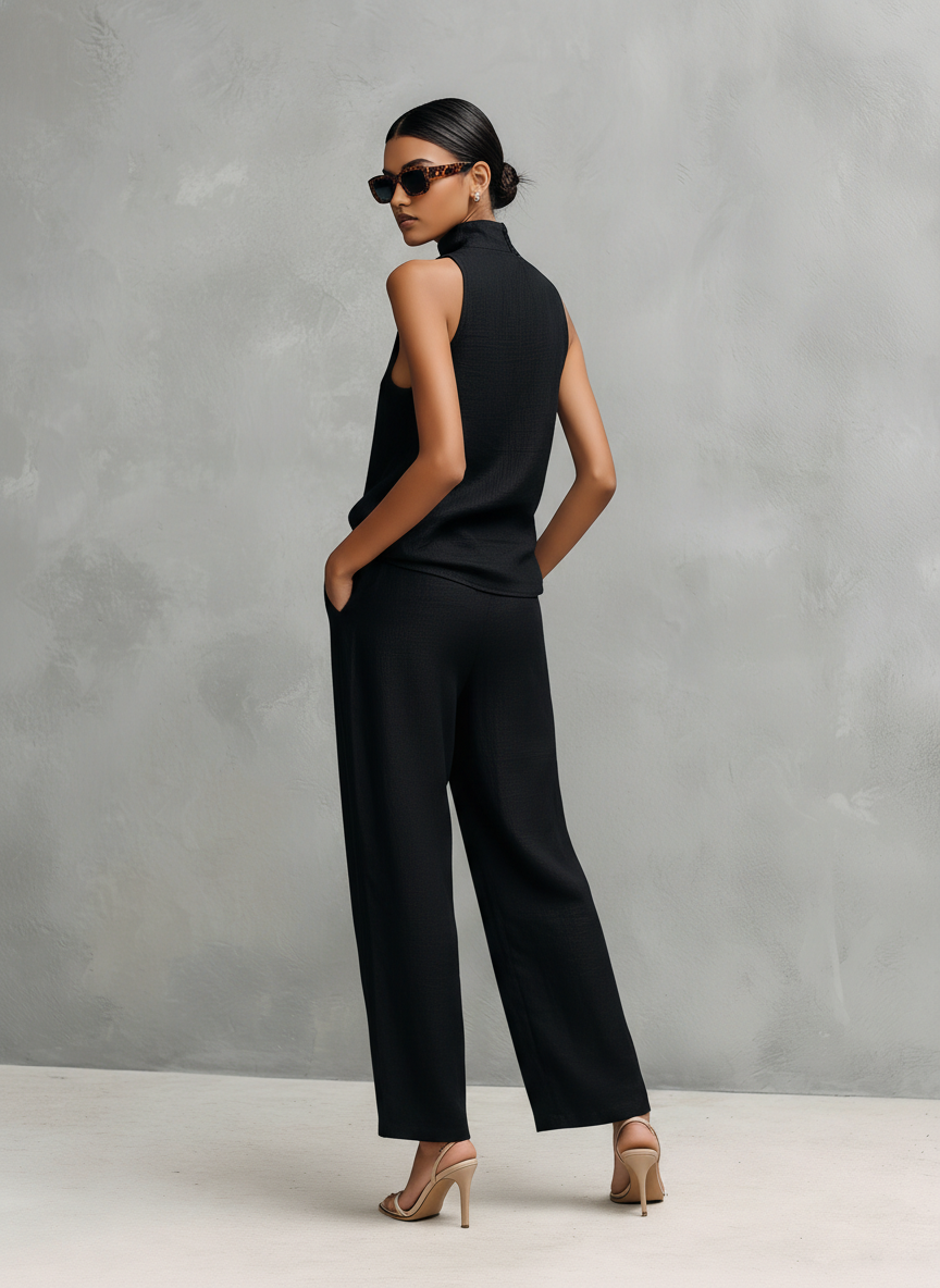 Greta Windford | Black Halter Mock Neck Top and Pants Set For Women