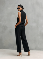 Greta Windford | Black Halter Mock Neck Top and Pants Set For Women