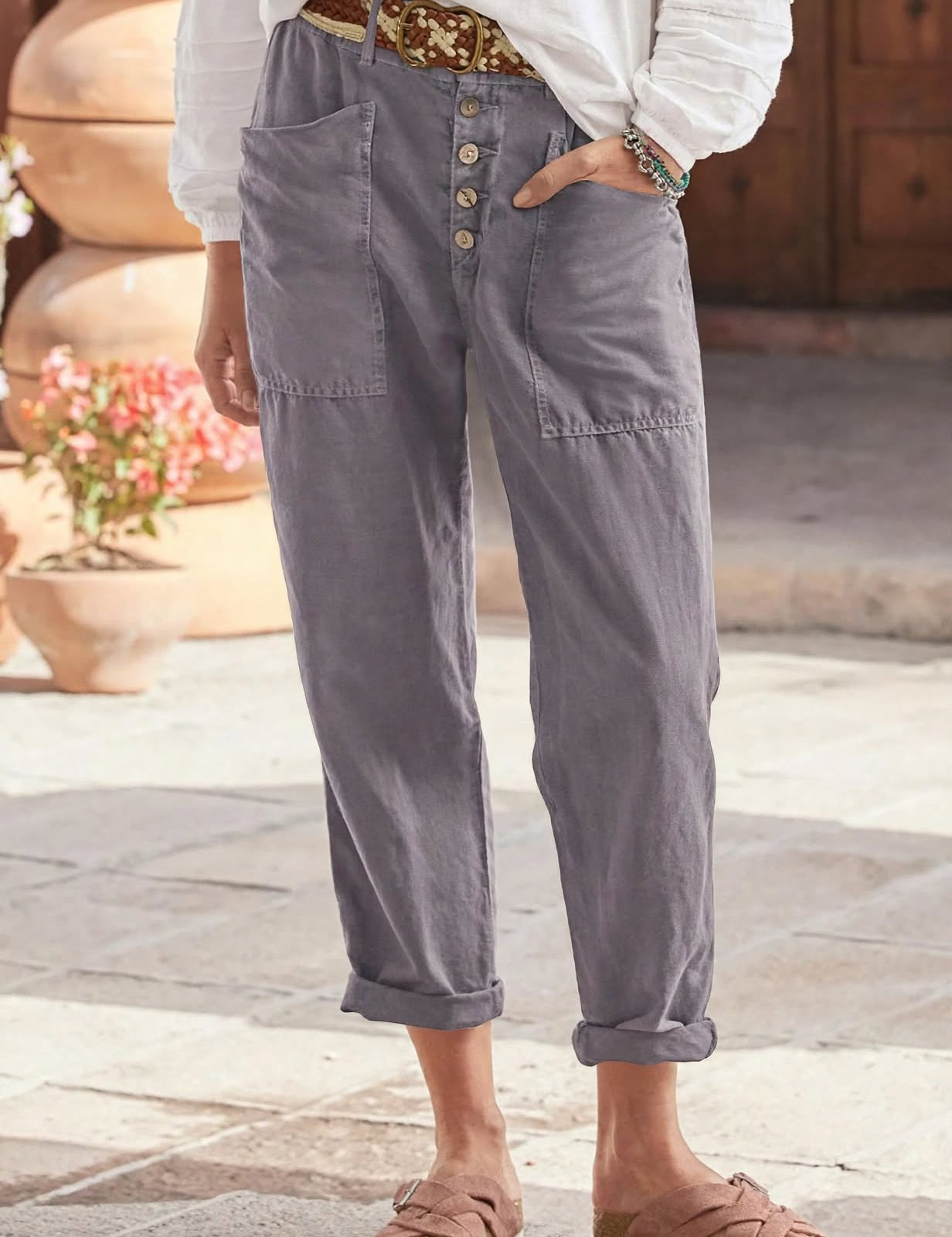 Marnie Ellison | Linen Look Trousers With Button Detail For Women
