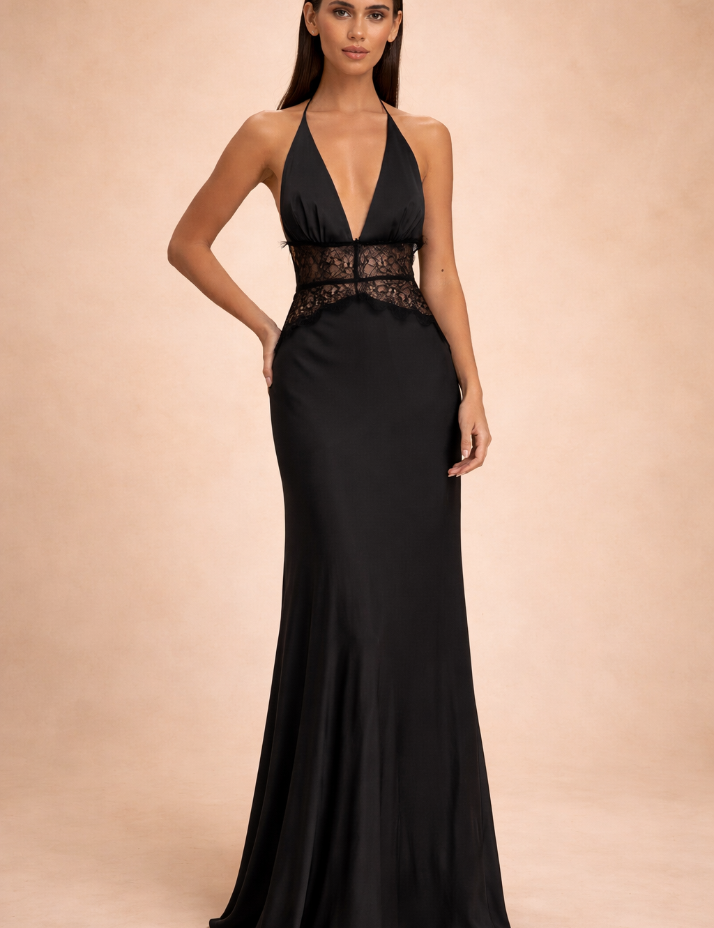 Phoebe Stafford | Halter Neck Satin Maxi Dress with Lace Waist Panel For Women