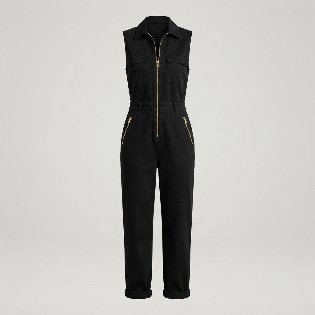 Hannah Clarke | Sleeveless Utility Jumpsuit with Gold Zip For Women