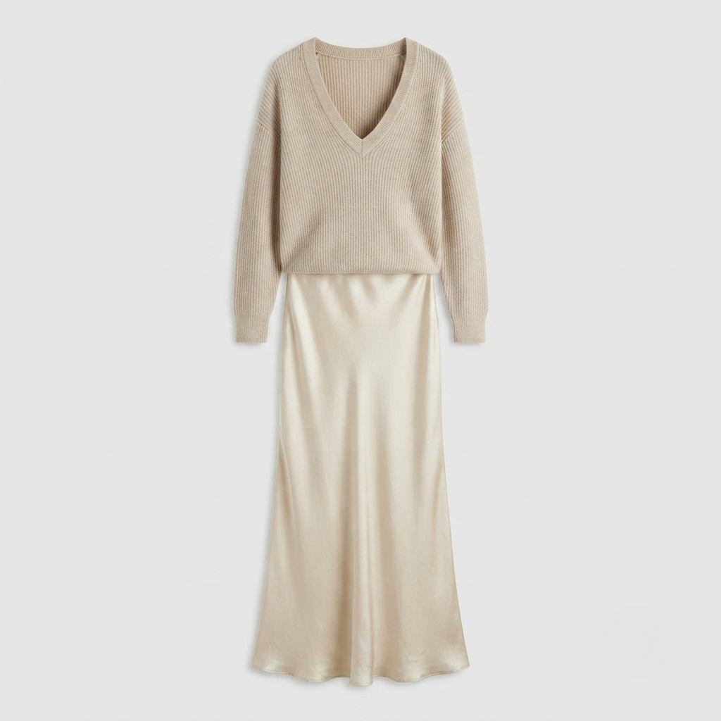 Harper Collins | Satin Maxi Skirt & Knit Sweater Set For Women