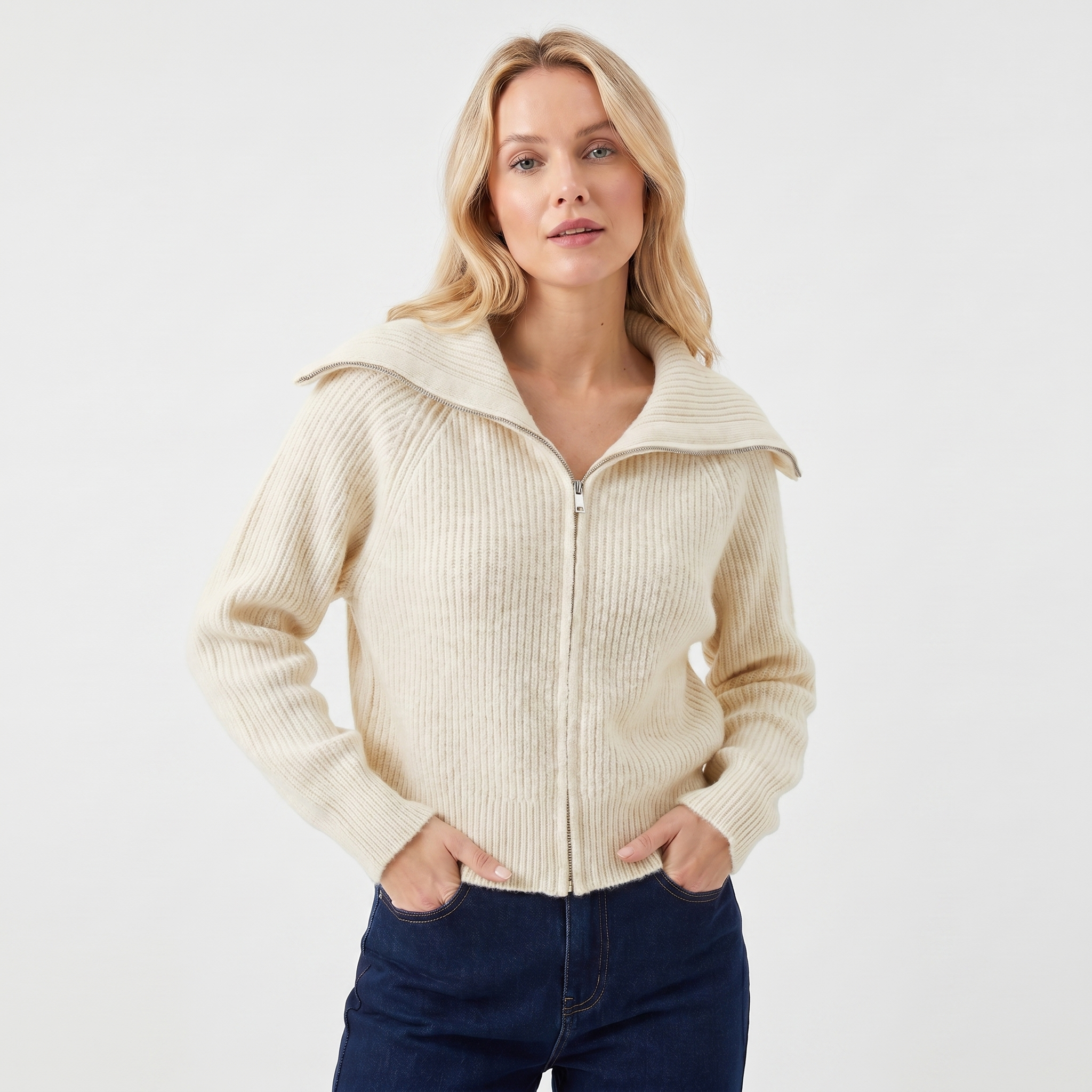 Elena Moretti | Ribbed Zip Knit Cardigan For Women