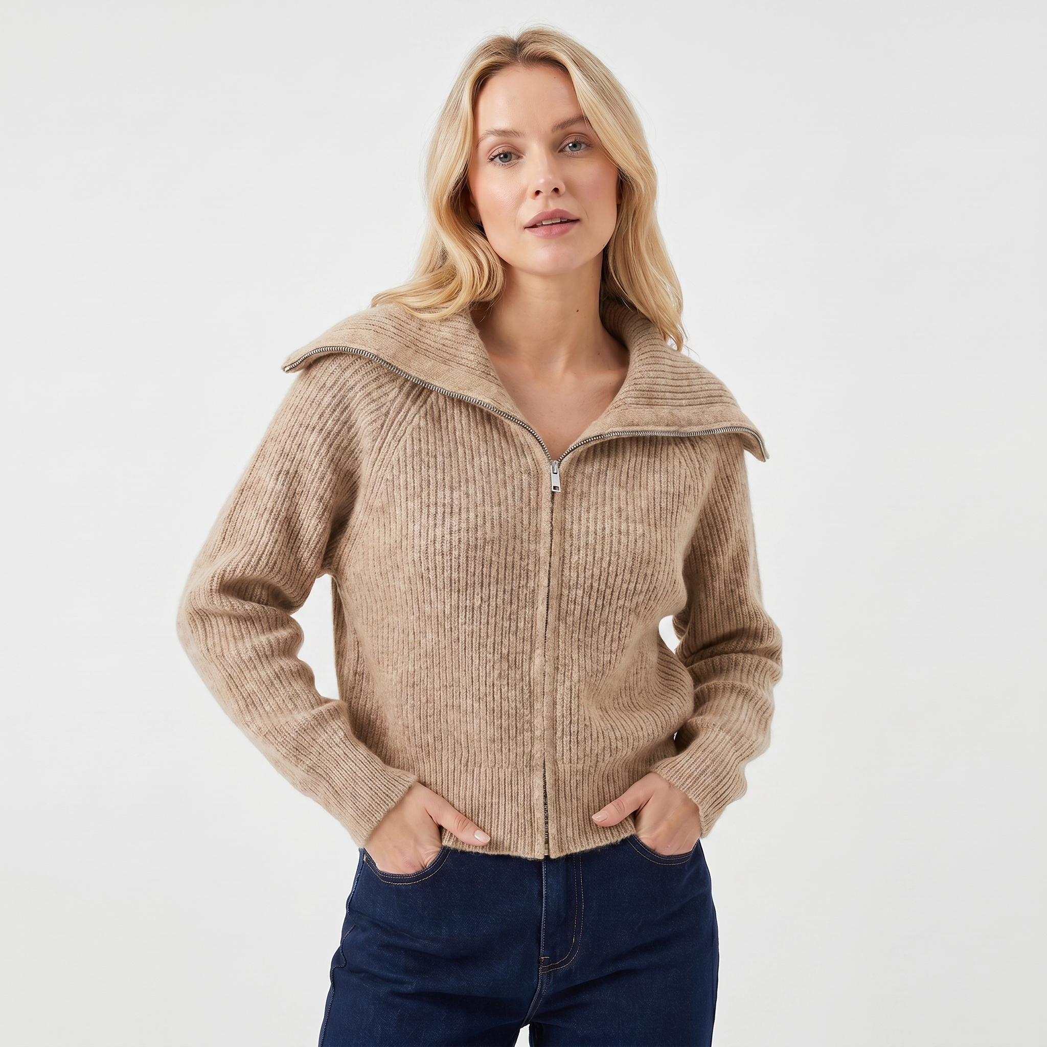 Elena Moretti | Ribbed Zip Knit Cardigan For Women
