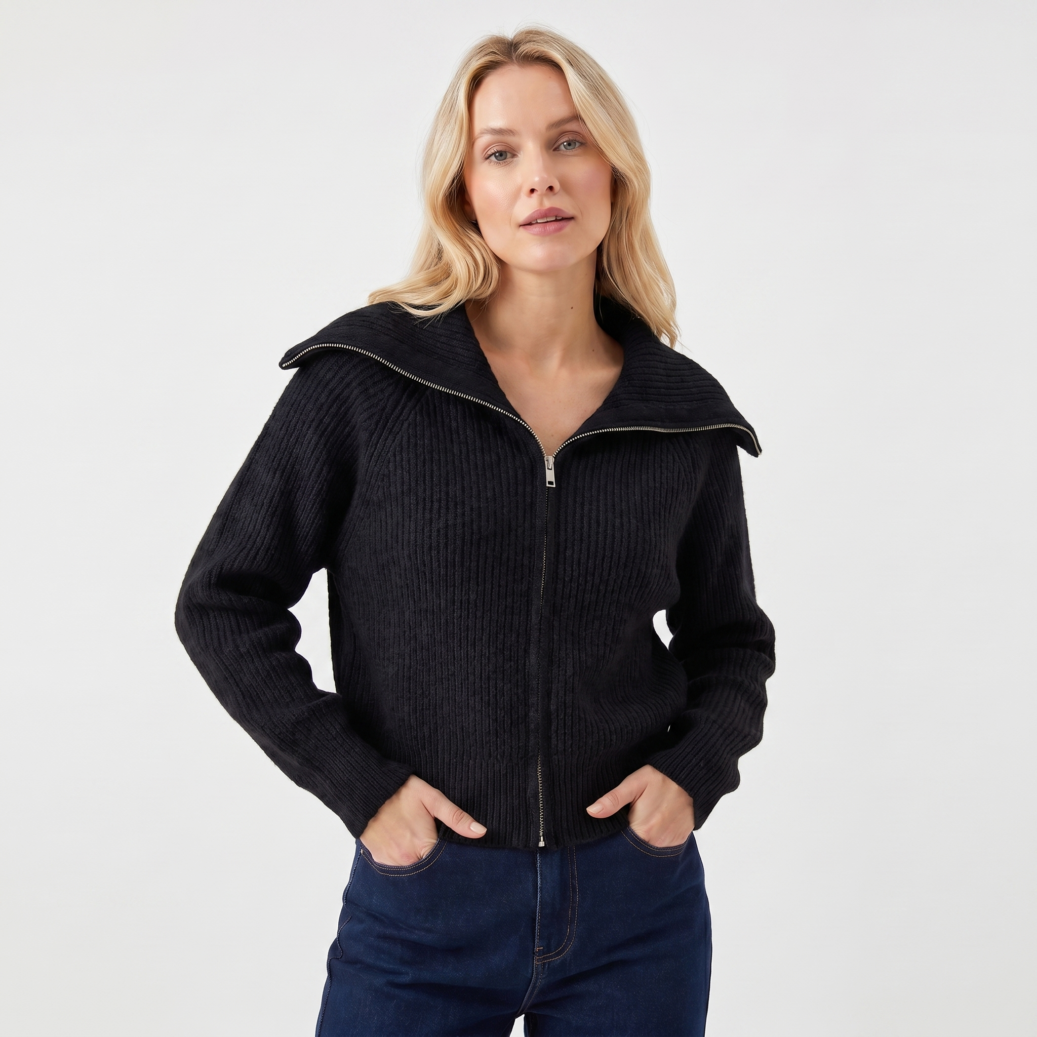 Elena Moretti | Ribbed Zip Knit Cardigan For Women