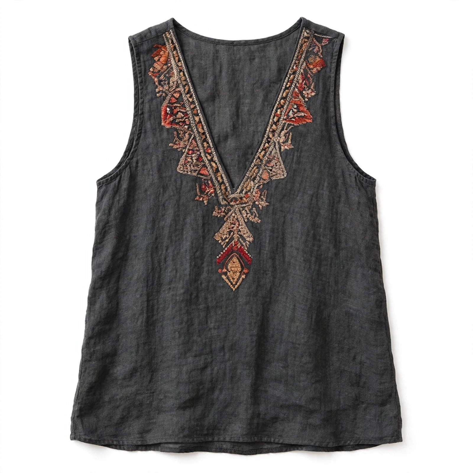 Ilsa Dalbridge | Dark Grey Embroidered V-Neck Tank Top For Women