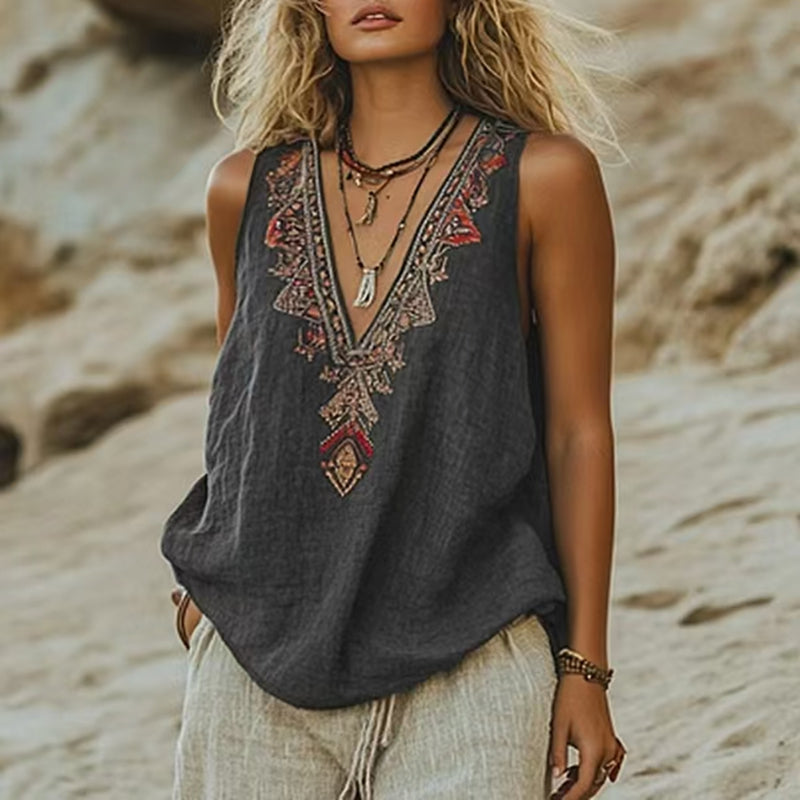 Ilsa Dalbridge | Dark Grey Embroidered V-Neck Tank Top For Women