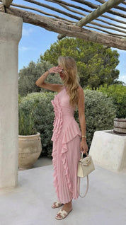 Grace Holloway | Pleated Ruffle Halter Maxi Dress For Women