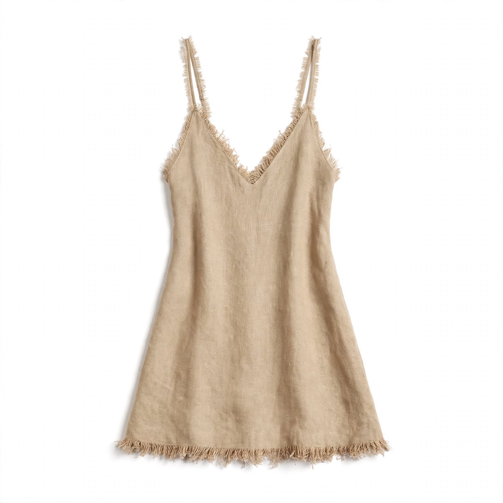 Juno Seldale | Beige Linen Look V-Neck Slip Mini Dress For Women