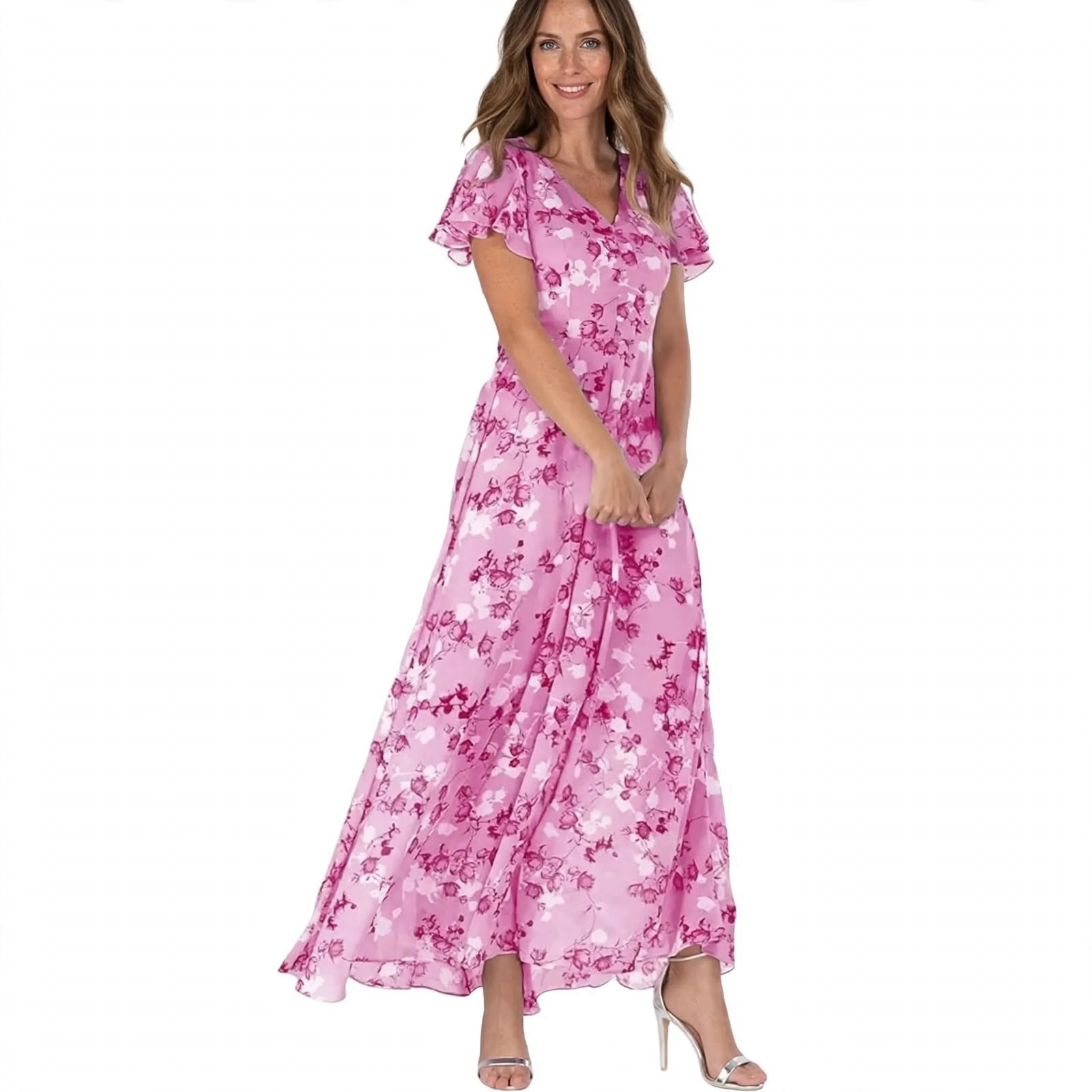 Agata Stanmore | Floral Flutter Sleeve V-Neck Maxi Dress For Women