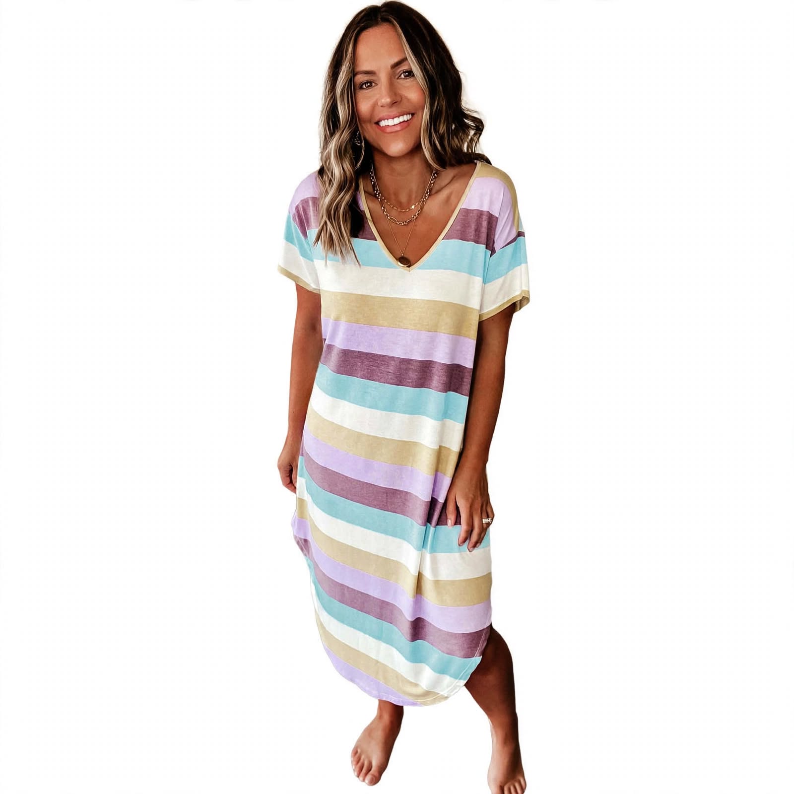 Raffaella Goldstone | Pastel Striped V-Neck T-Shirt Dress For Women