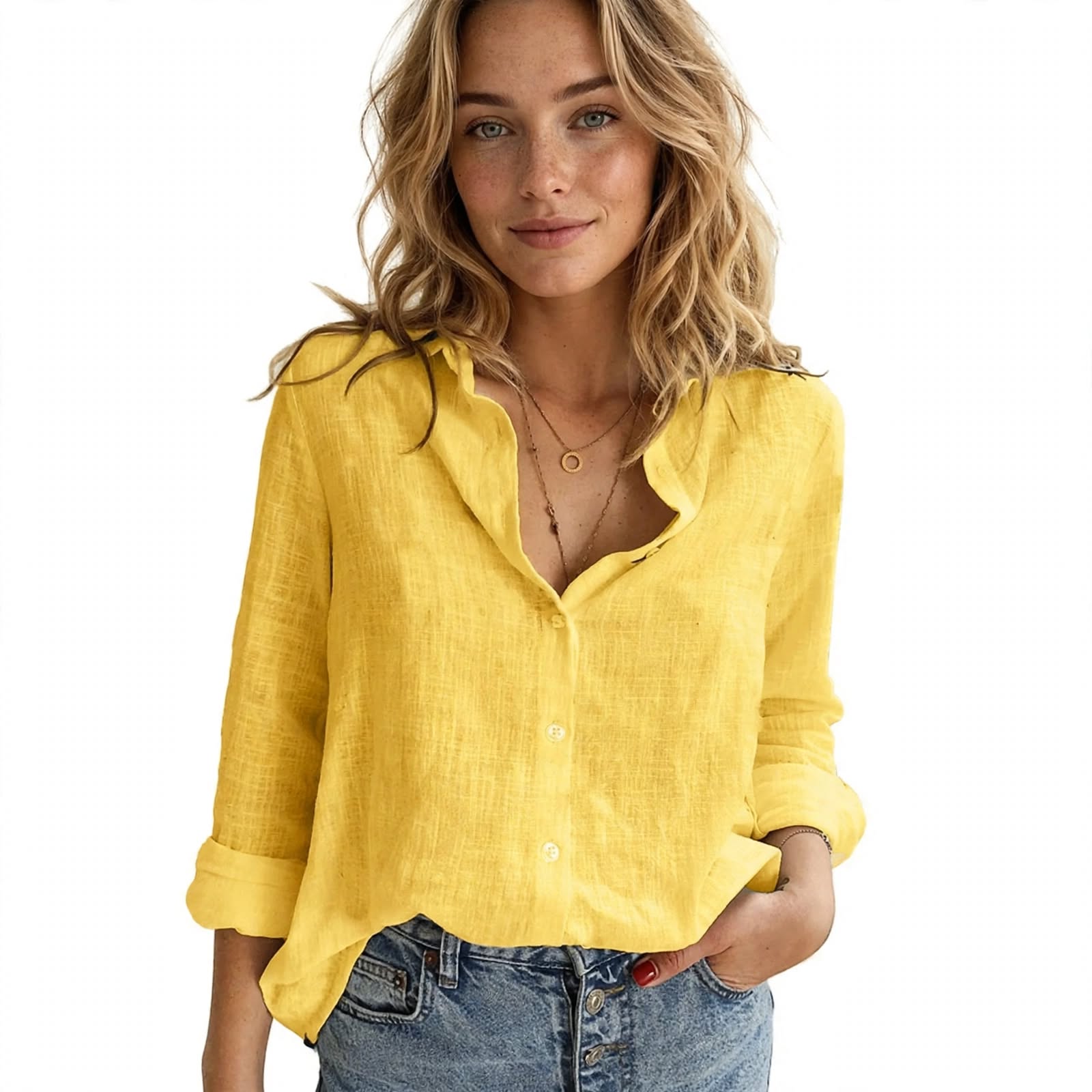 Rachele Selcroft | Linen-Look Button Front Blouse For Women