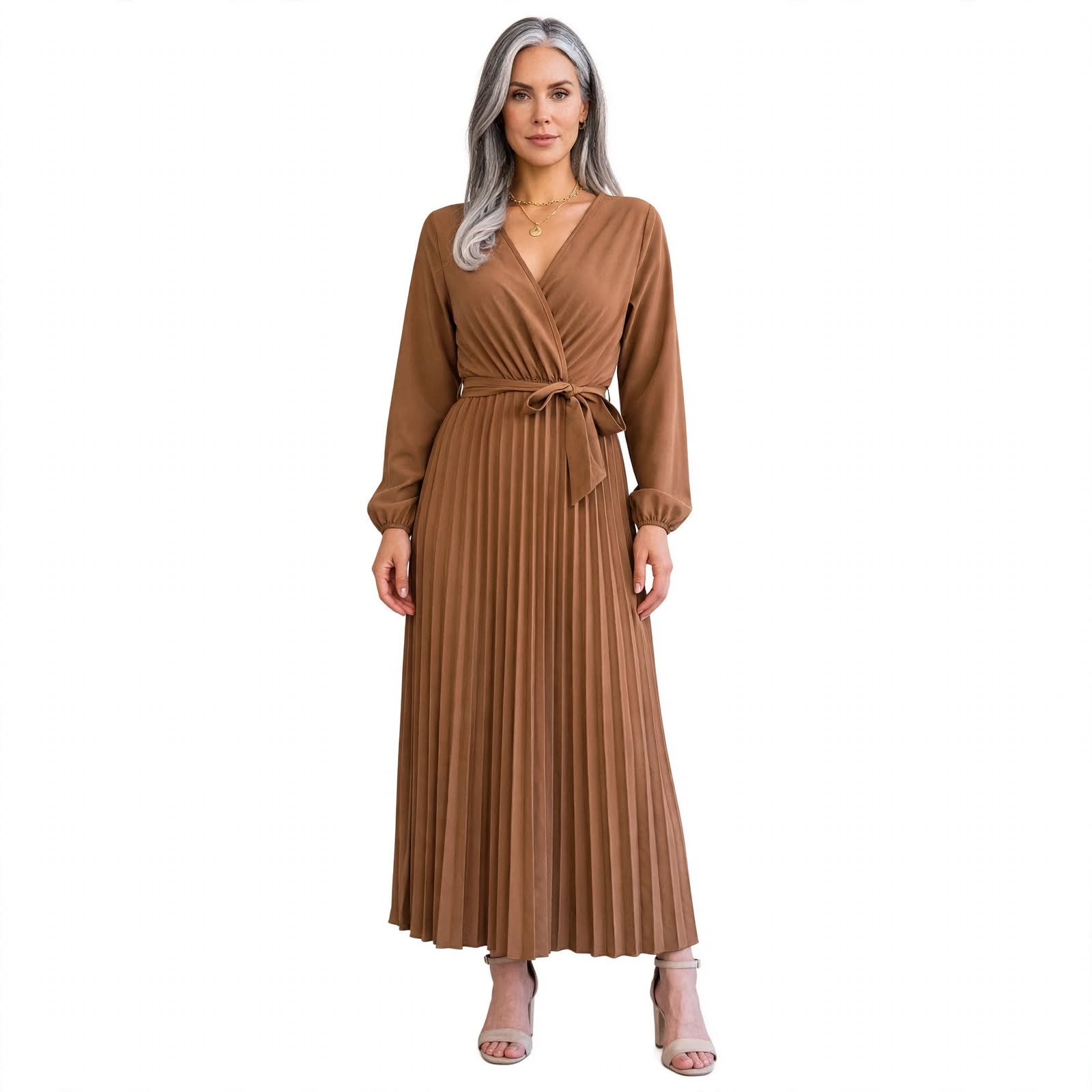 Manuela Salbrook | Wrap V-Neck Pleated Chiffon Maxi Dress For Women