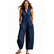 Fabiola Oakham | Linen-Look Stand Collar Jumpsuit For Women
