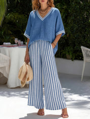 Indi Rushwell | Pink Striped Trim V-Neck Top and Pants Set For Women