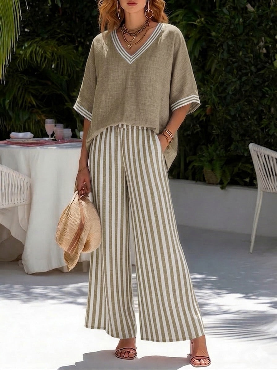 Indi Rushwell | Pink Striped Trim V-Neck Top and Pants Set For Women